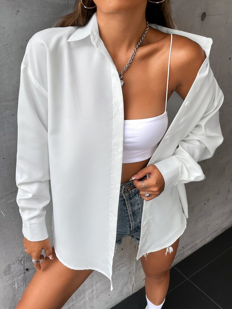 SHEIN EZwear Solid Drop Shoulder Button Up Oversized Shirt
       
              
              $... | SHEIN