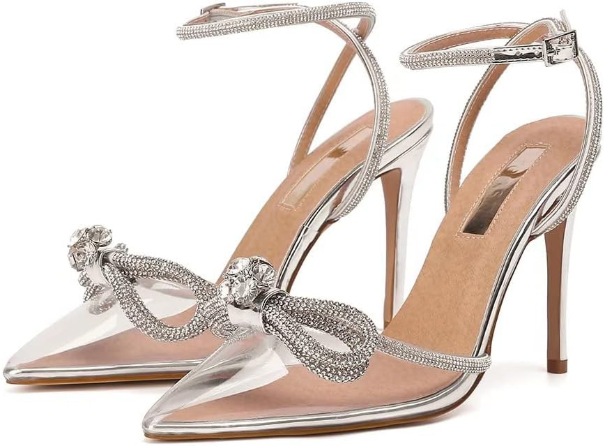 Bieosnli Women's Satin Lace Up High Heel Sandals Ankle Buckle Straps Pump Rhinestone Strip Bowkno... | Amazon (US)