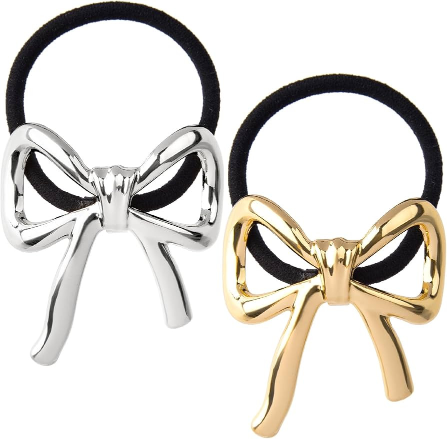 PAGOW 2 Pcs Gold Silver Bowknot Hair Ties, Metal Ribbon Bow Hair Scrunchies, Elastic Rubber Ponyt... | Amazon (US)