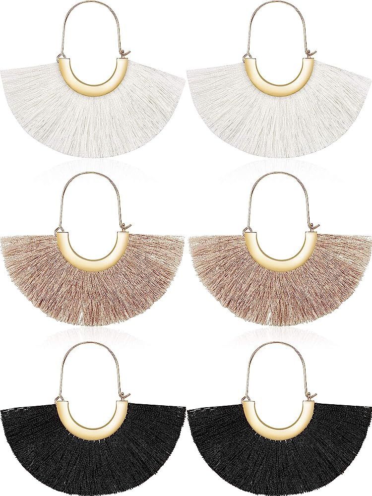 3 Pairs Silky Thread Fan Tassel Statement Hoop Earrings Lightweight Semi Circle Fan Threader Dangles | Amazon (US)