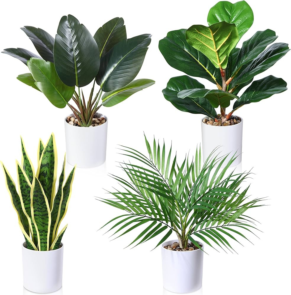 Kazeila 4pcs Artificial Potted Plants,16 in Fake Snake Palm Ficus Bird of Paradise Plants,Beautif... | Amazon (US)