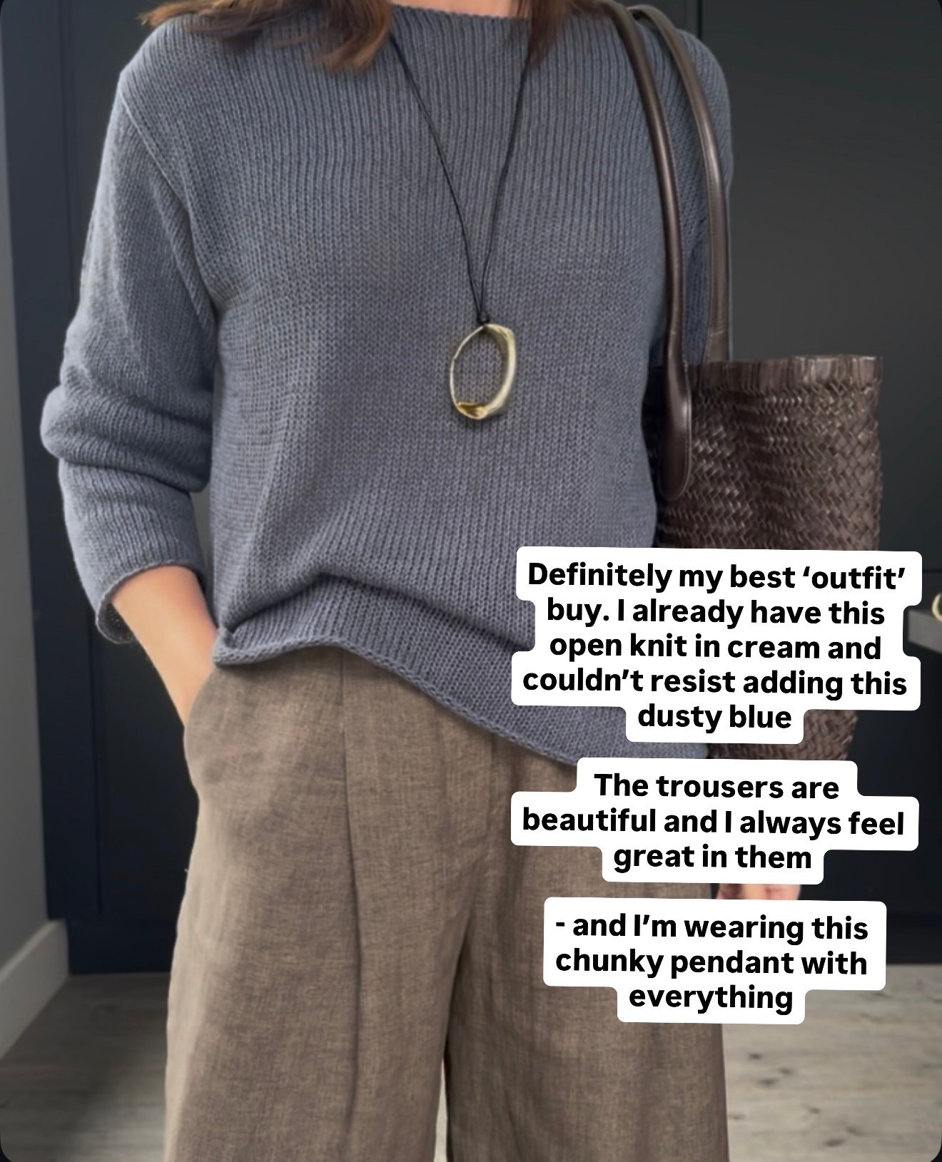 My favourite ‘outfit’ buy. I love this open knit so much I had to add this dusty blue. The trousers are a beautiful shade and fit, plus this pendant adds an update to every outfit x
I wear M jumper and size 10 trousers x

#LTKsummer #LTKuk #LTKstyletip
