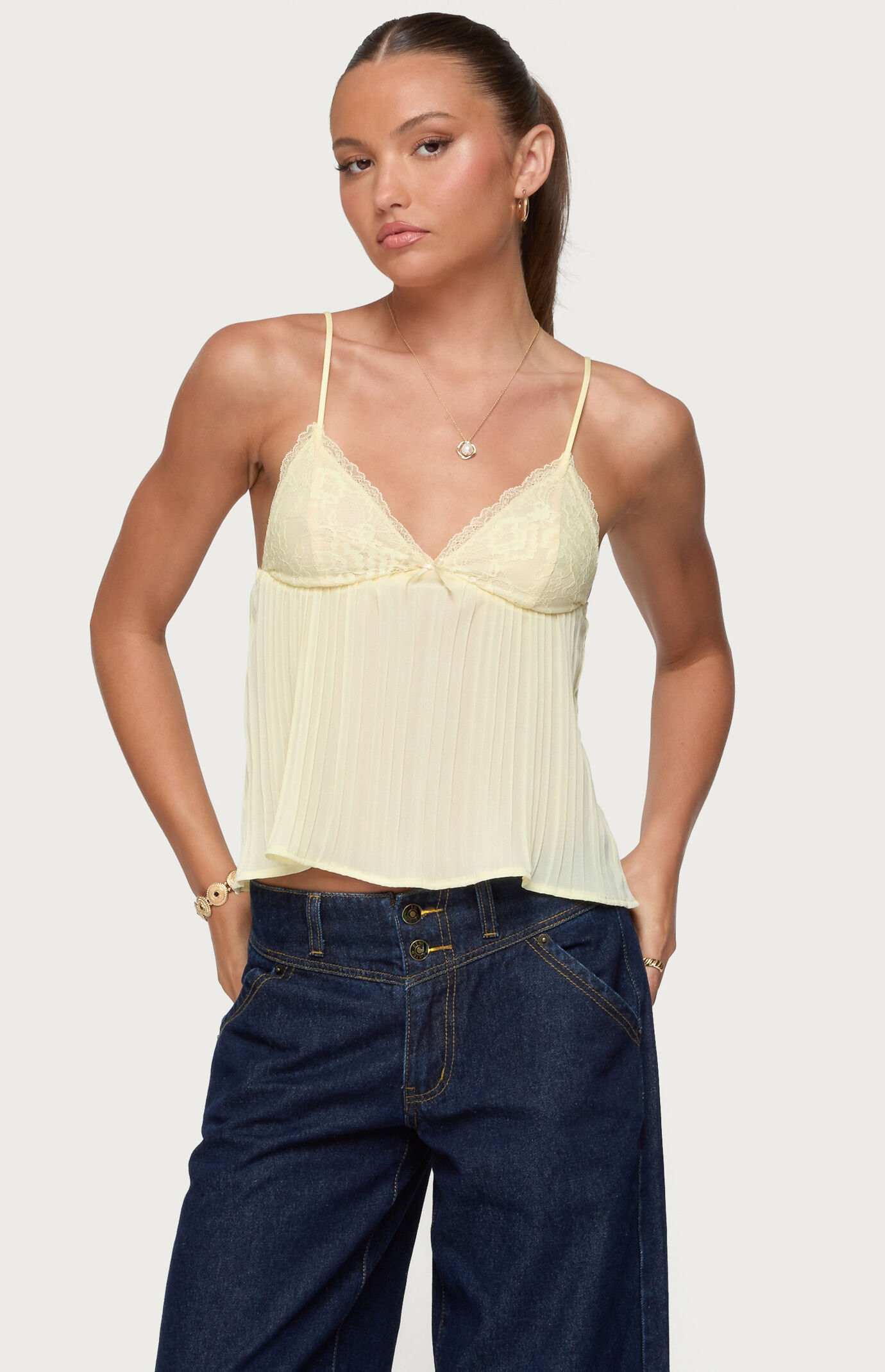 Edikted Women's Rhian Lacey Pleated Babydoll Top in Yellow - Size XL | PacSun