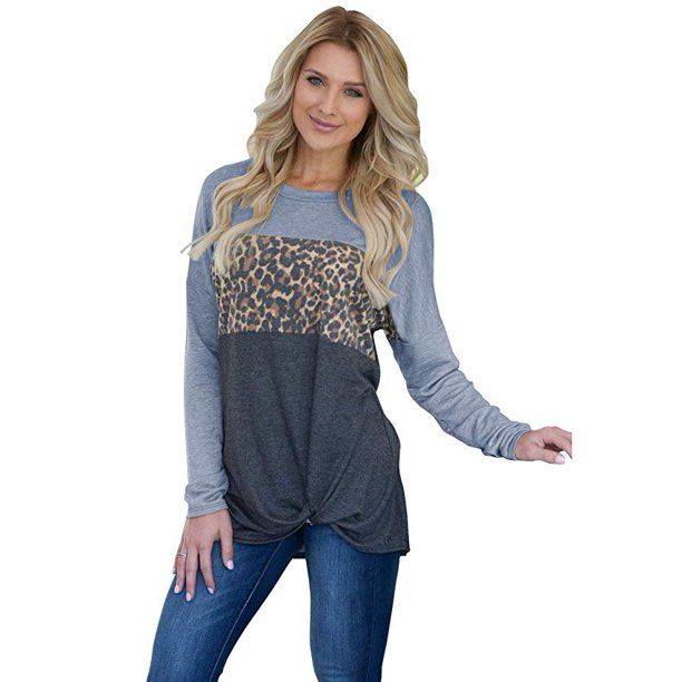 Womens Leopard Twist Knot Shirts Long Sleeve Cowl Neck Colorblock Patchwork Tunic | Walmart (US)