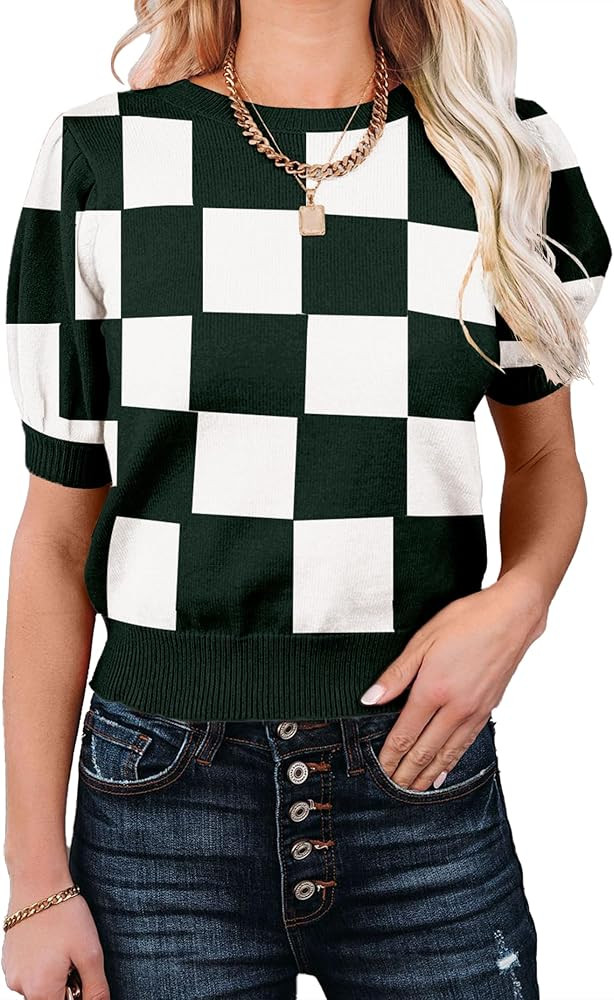 Womens Puff Short Sleeve Sweater Tops Crewneck Basic Knit Pullover Lightweight Solid Casual Sweat... | Amazon (US)