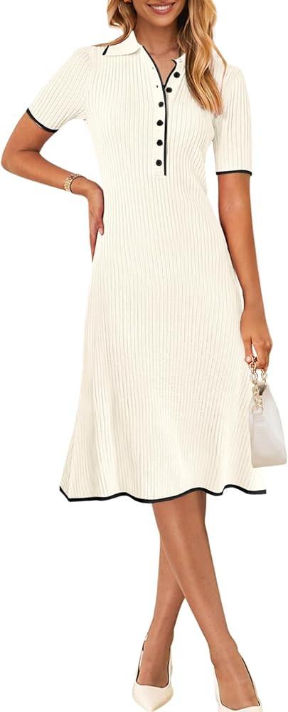 MEROKEETY Women's V Neck Ribbed Knit Midi Dress Short Sleeve Button Elegant Bodycon Sweater Dress... | Amazon (US)
