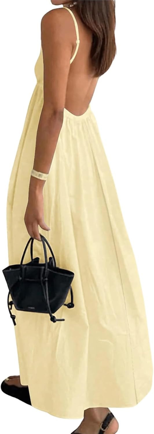 Women's Dress V Neck Backless Spaghetti Strap Maxi Flowy Sundress | Amazon (US)