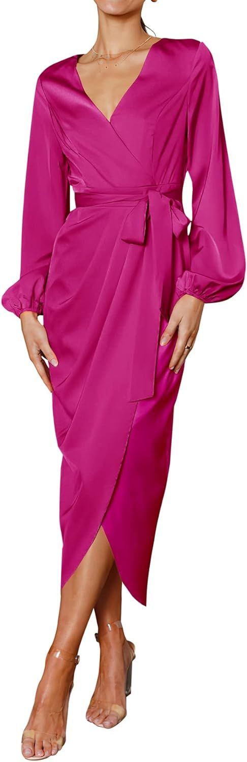PRETTYGARDEN Women's Maxi Satin Dress 2023 Puff Sleeve Wrap V Neck Ruched Belted Long Formal Cock... | Amazon (US)
