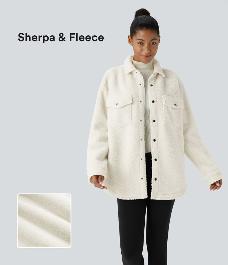 Women’s Collared Button Chest Pocket Long Sleeve Curved Hem Casual Sherpa Jacket - Halara | HALARA