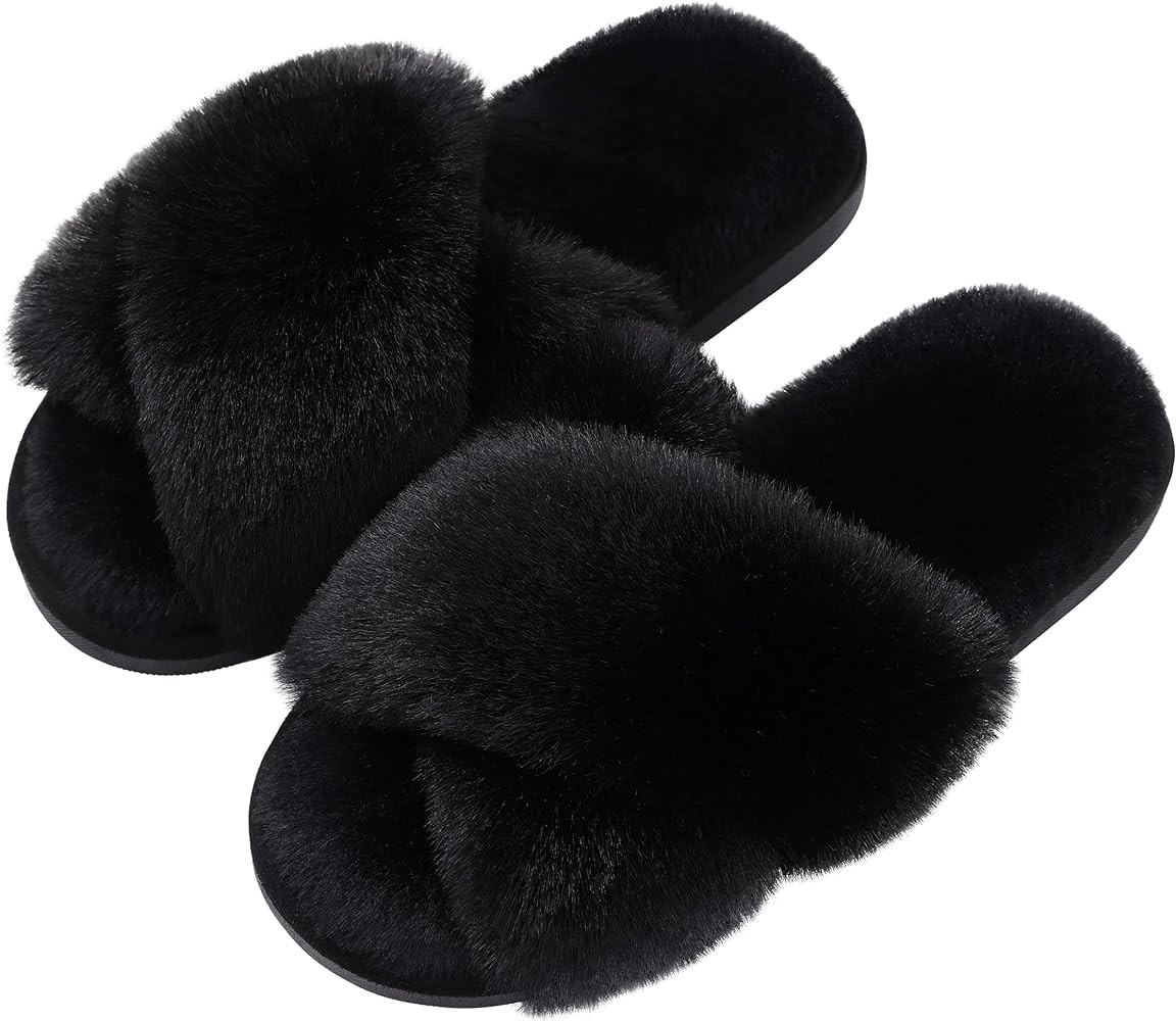 Evshine Women's Fuzzy Slippers Cross Band Memory Foam House Slippers Open Toe | Amazon (US)