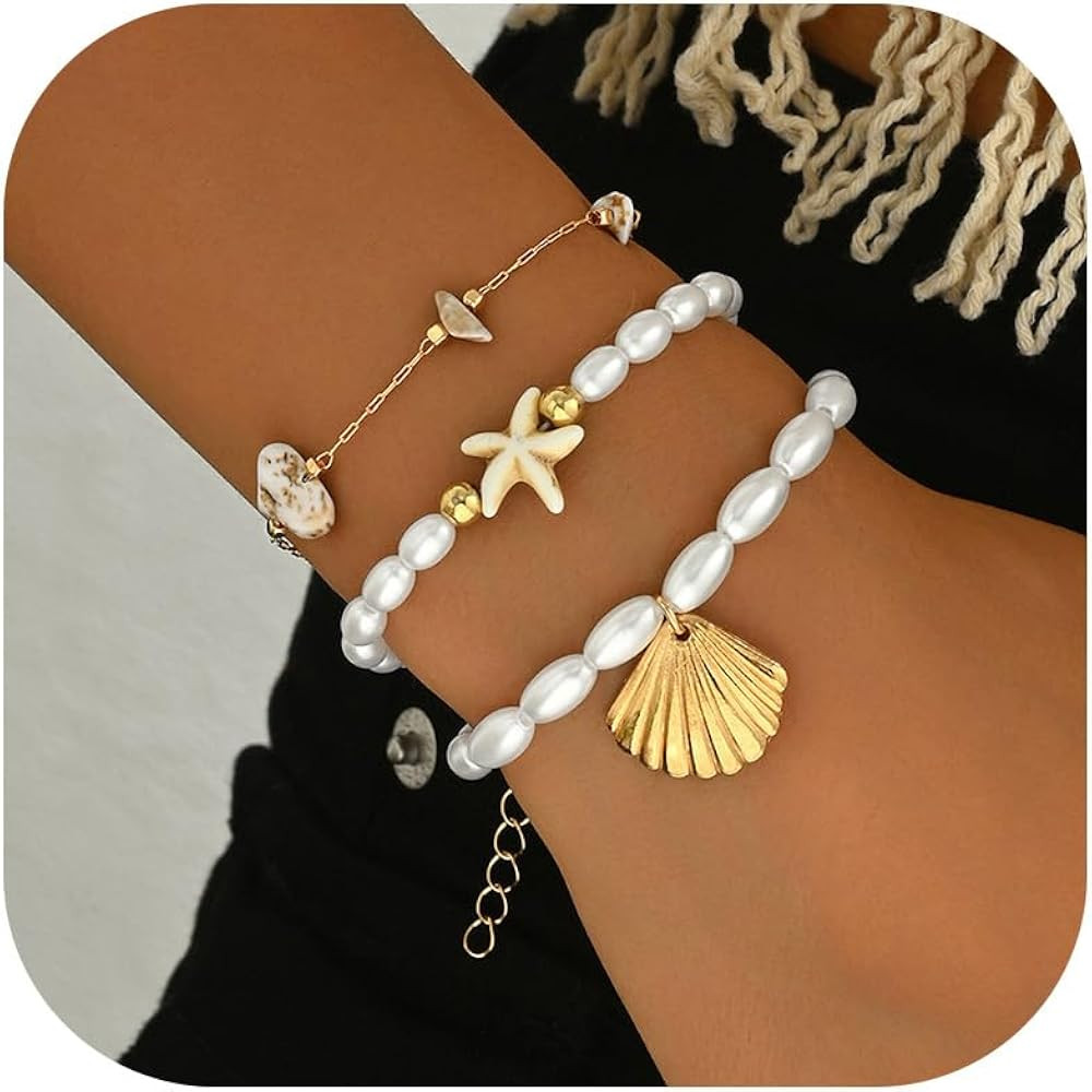 Shell Bracelet Beach Accessories Starfish Bracelets Seashell Charm Bracelets Turtle Boho Layered ... | Amazon (US)