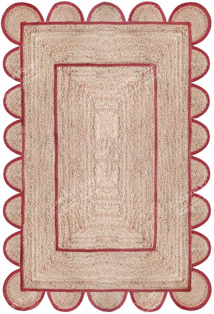 Chouhan Rugs Area Rug Natural Jute Hand Braided Rug Red Scalloped Runner | Amazon (US)