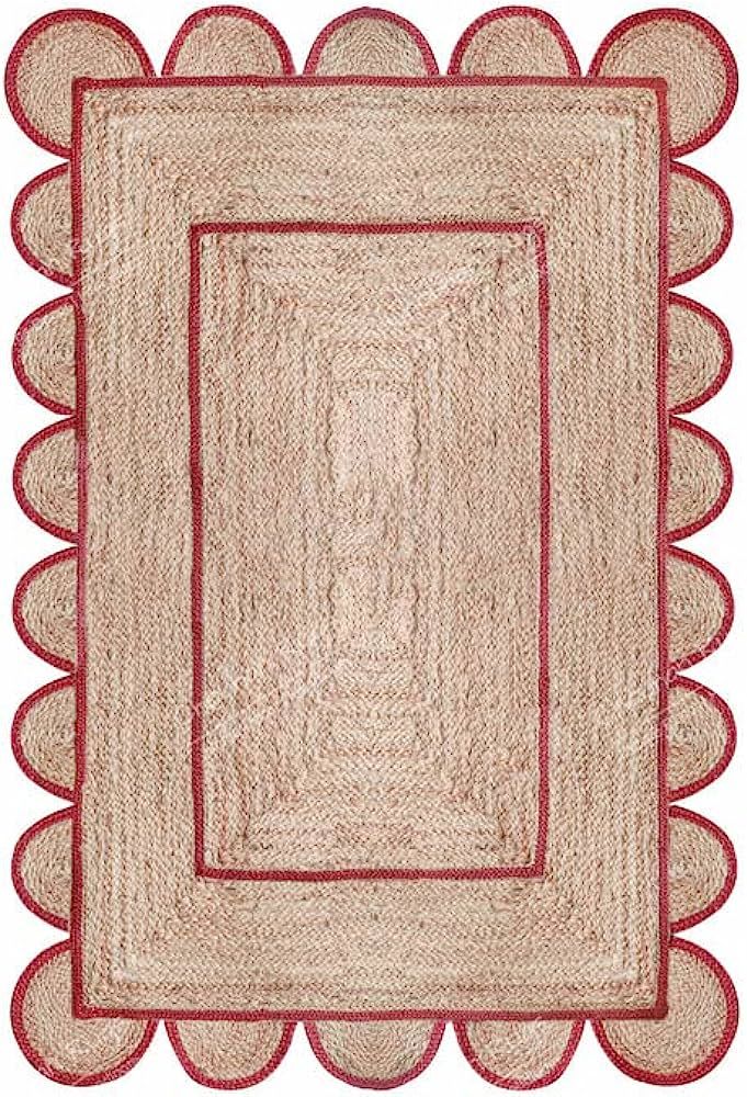 Chouhan Rugs Area Rug Natural Jute Hand Braided Rug Red Scalloped Runner | Amazon (US)