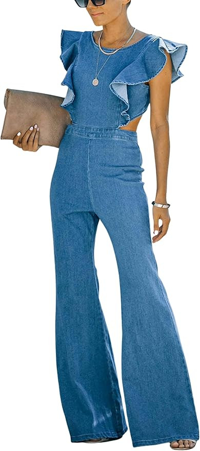 Omoone Women's Flared Denim Jumpsuit Ruffle Sleeve Backless Jeans Jumper Long Rompers | Amazon (US)