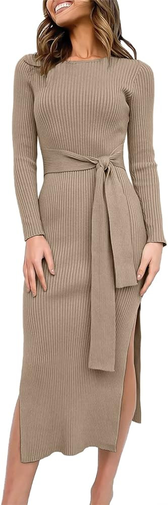 ANRABESS Womens Long Sleeve Sweater Dress Crew Neck Slim Fit Slit Tie Waist 2024 Ribbed Knit Body... | Amazon (US)