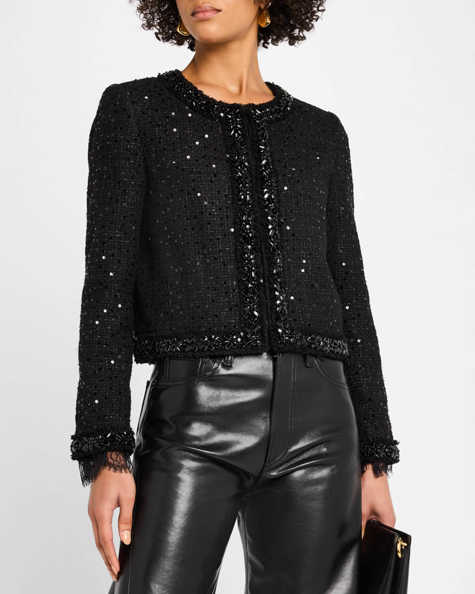 Alice + Olivia Landon Cropped Sequined Tweed Jacket with Embellished Trim | Neiman Marcus