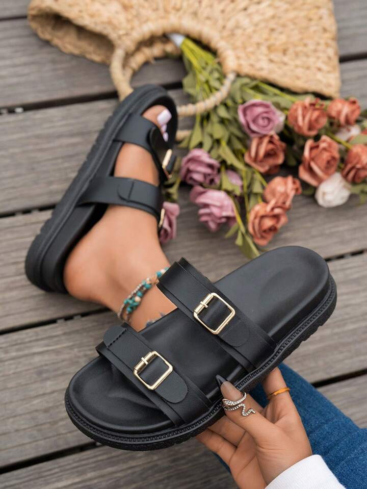 Women Simple Slippers, Beach Vacation Casual Open Toe Thick Sole Shoes, Comfortable Slide Flat Fashion Sandals | SHEIN