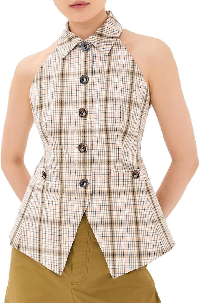 Women's Halter Neck Vest Button Down Sleeveless Blazer Vest | Amazon (US)