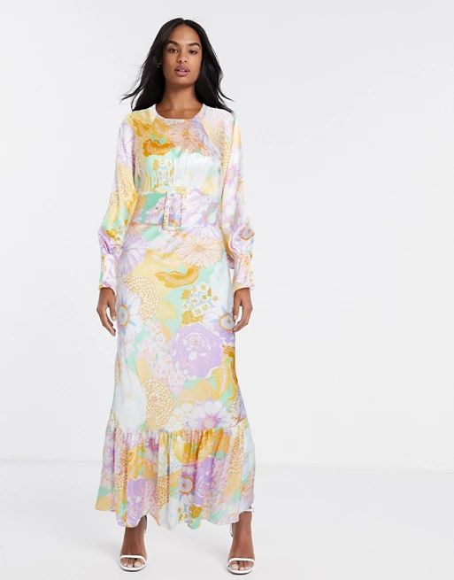 ASOS DESIGN belted maxi tea dress with balloon sleeve in floral print | ASOS (Global)