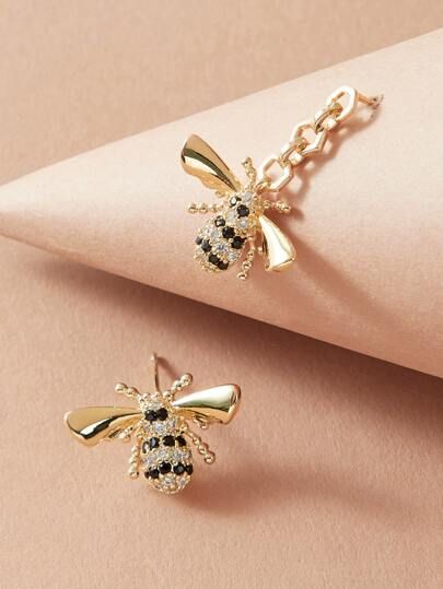 1pair Rhinestone Engraved Bee Design Mismatched Earrings | SHEIN