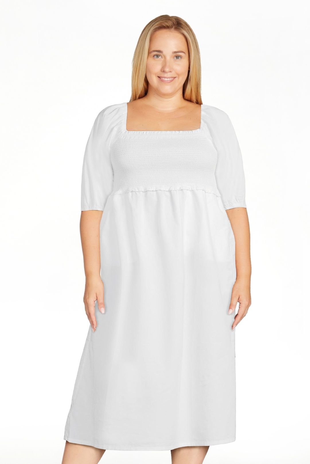 Free Assembly Women's Smocked Midi Dress with Convertible Sleeves - Walmart.com | Walmart (US)