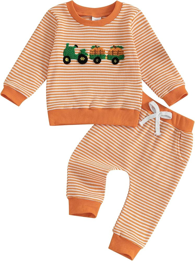 Toddler Baby Boy Halloween Outfit Long Sleeve Pumpkin Tractor Embroidered Stripe Waffle Knit Swea... | Amazon (US)