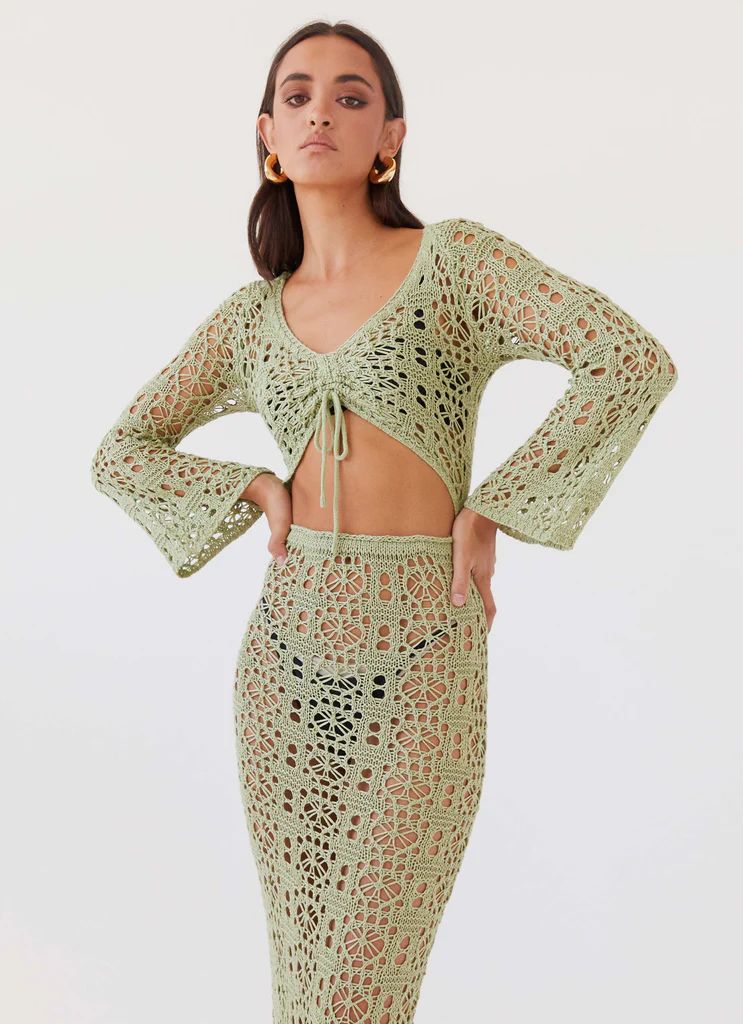 Peppermayo Exclusive -  Seaside Soiree Crochet Maxi Dress - Light Olive | Peppermayo (Global)