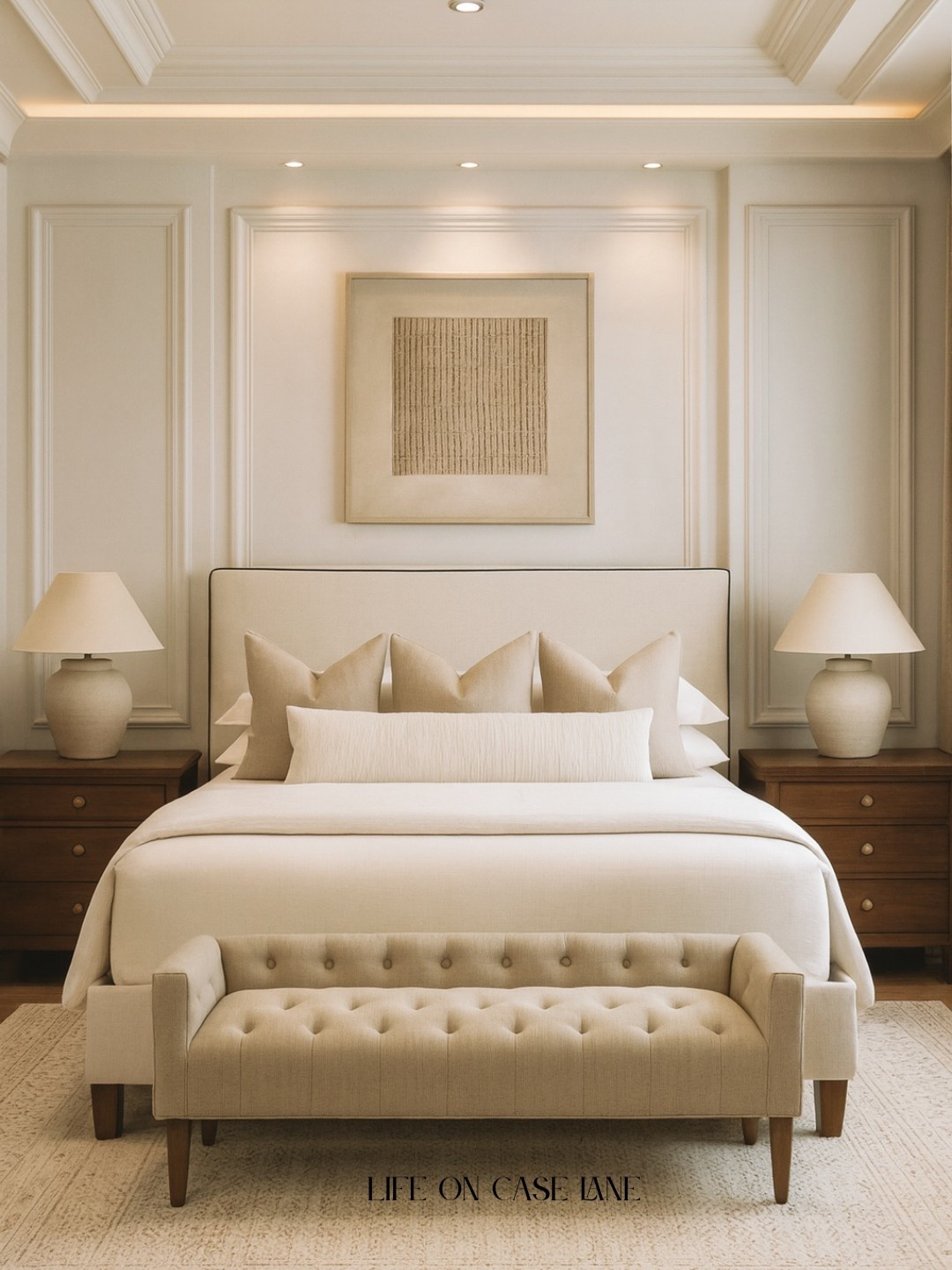 Neutral bedroom - bedroom decor, artwork, nightstand, table lamps, end of bed bench, upholstered bed 

#LTKHome #LTKSaleAlert