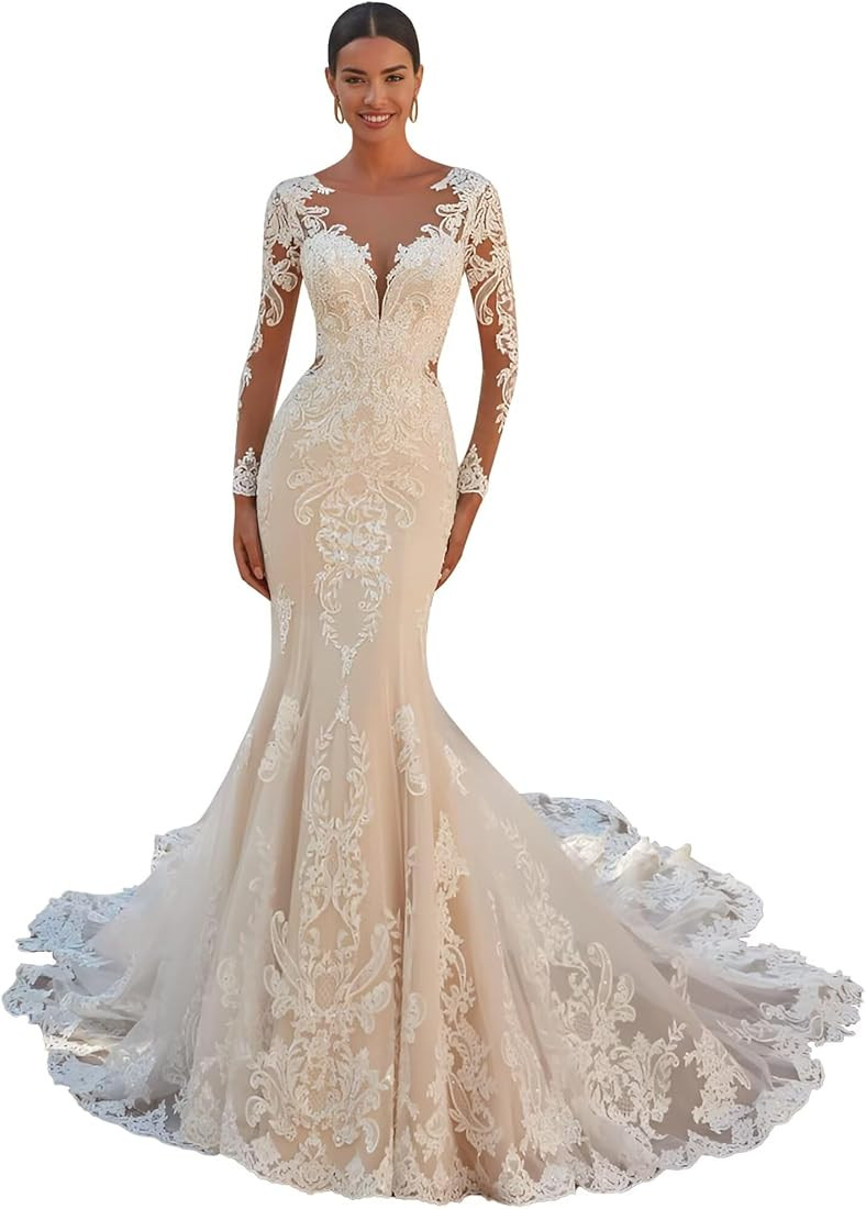 Mermaid Wedding Dresses for Bride Lace Tulle V Neck Beach Bridal Gowns with Train | Amazon (US)