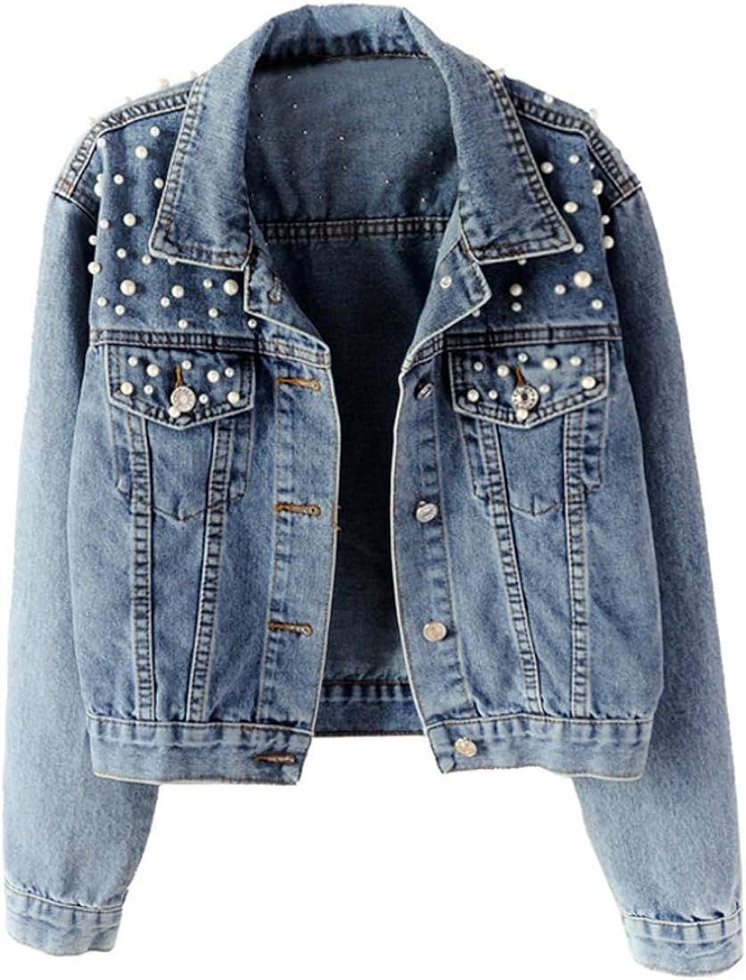 Women Oversized Denim Jacket Embroidered Pearls Beading Jeans Coat | Amazon (US)