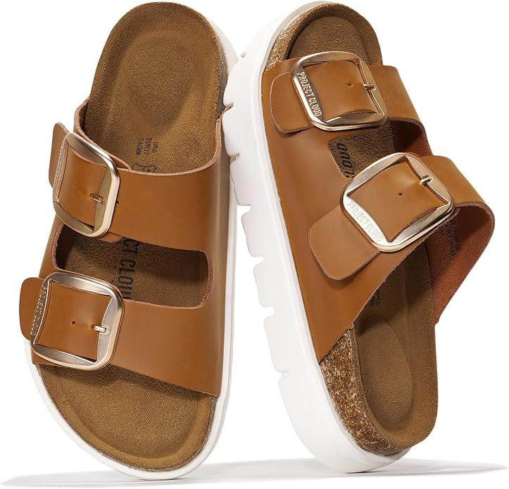 Project Cloud 100% Genuine Leather Platform Sandals Women Footwear - Wedge Chunky Slides for Wome... | Amazon (US)