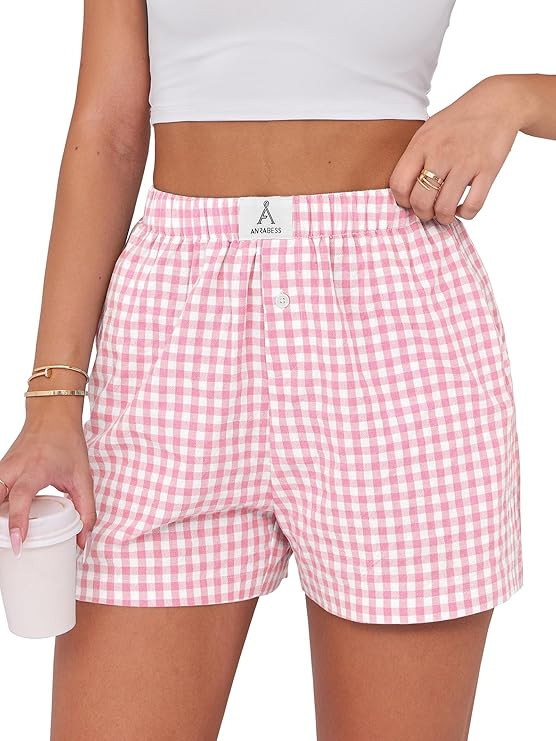 ANRABESS Boxer Shorts for Women Gingham Pajama 2026 Summer Casual Lounge Sleep Plaid Shorts Y2K B... | Amazon (US)