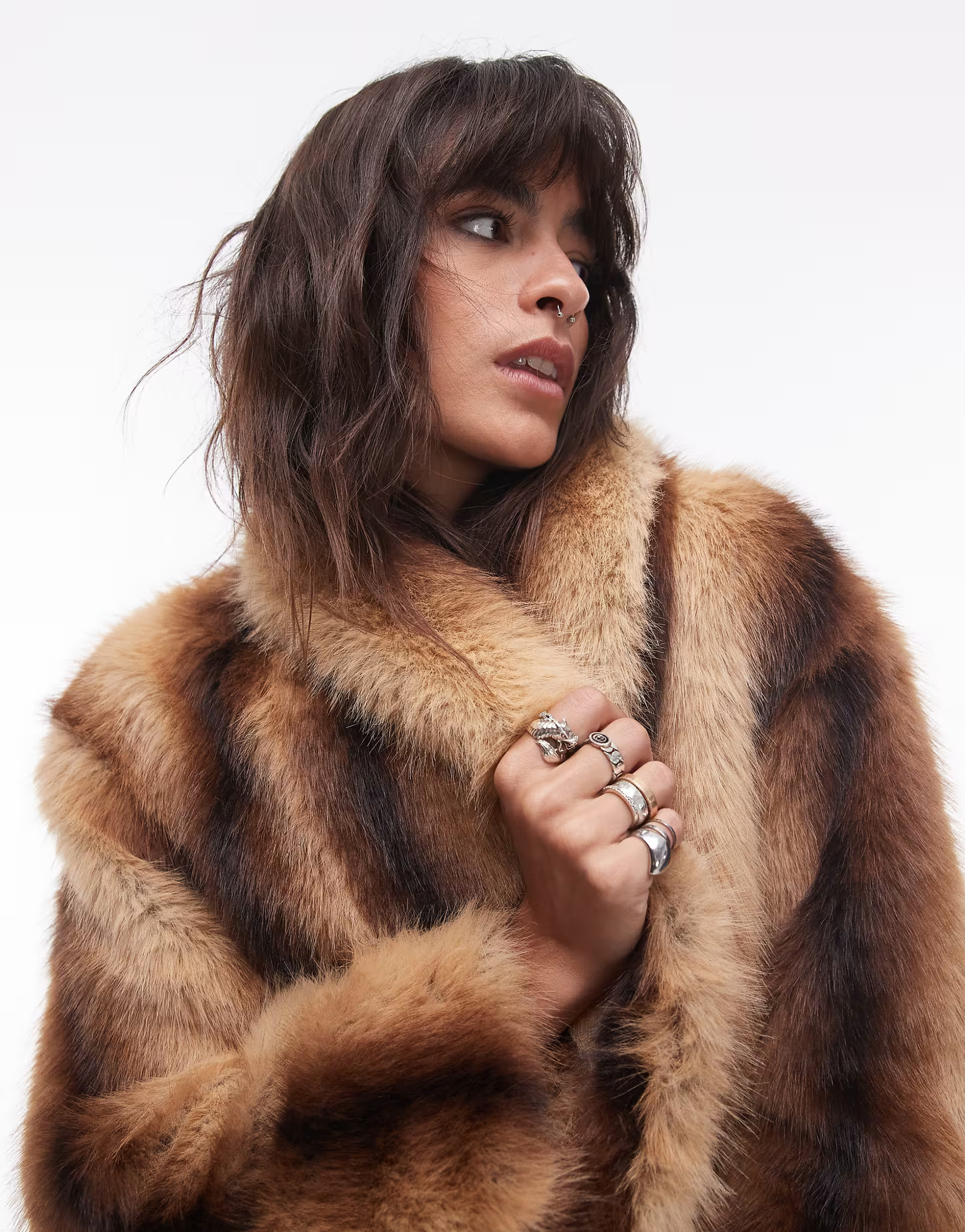 Topshop faux fur midi coat in cream and brown stripe | ASOS (Global)