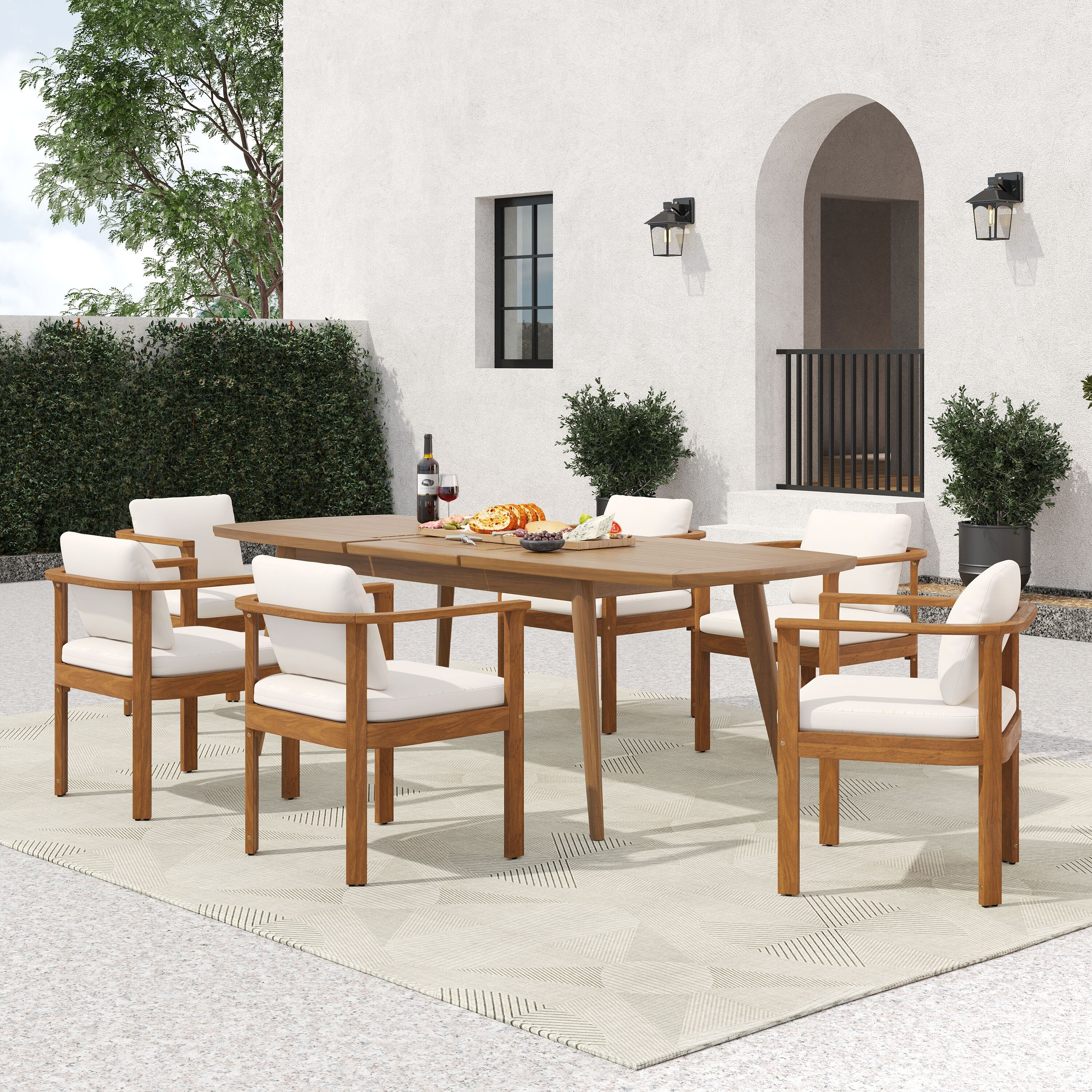 Christopher Knight Home Modern Coastal 7-Piece Outdoor Acacia Wood Dining Set with Curved Arm Chairs and 71-in Expandable Dining Table - Teak | Lowe's
