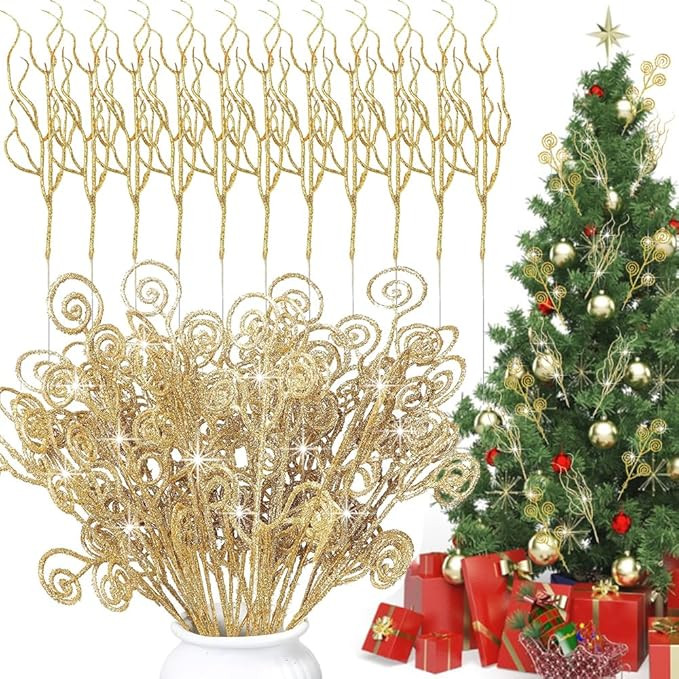 Christmas Tree Decoration, Gold Christmas Ornaments, Artificial Candy Glitter Curly Stems Set for... | Amazon (US)
