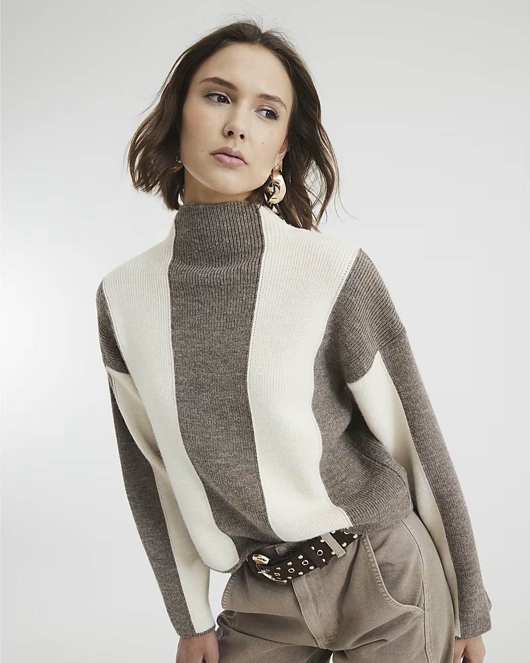 Brown Stripe High Neck Jumper | River Island UK & IE