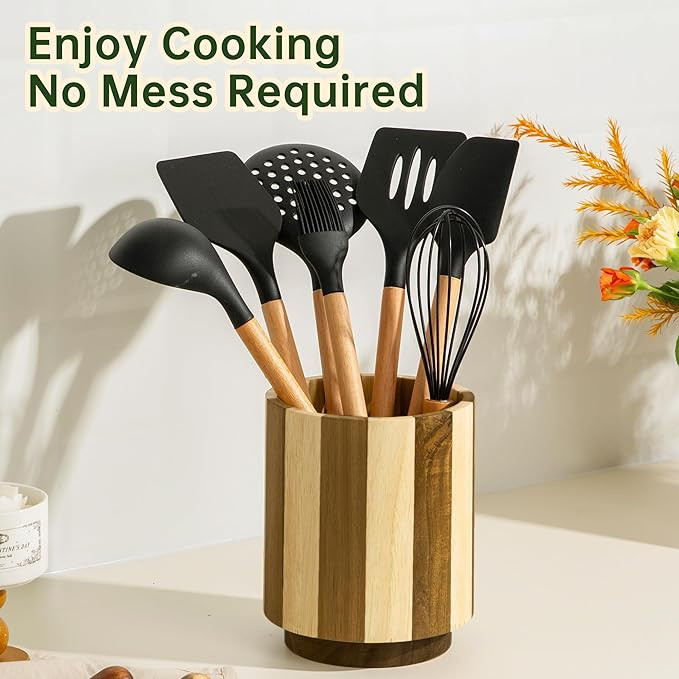 Wooden Utensil Holder, 360° Rotating Acacia Wood Kitchen Utensil Holder for Countertop, 7.2" Non... | Amazon (US)
