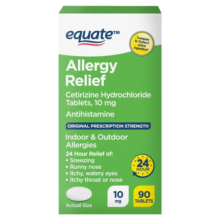 Equate 24 Hour Cetirizine Hydrochloride Allergy Relief Tablets, 10 mg, 90 Count | Walmart (US)