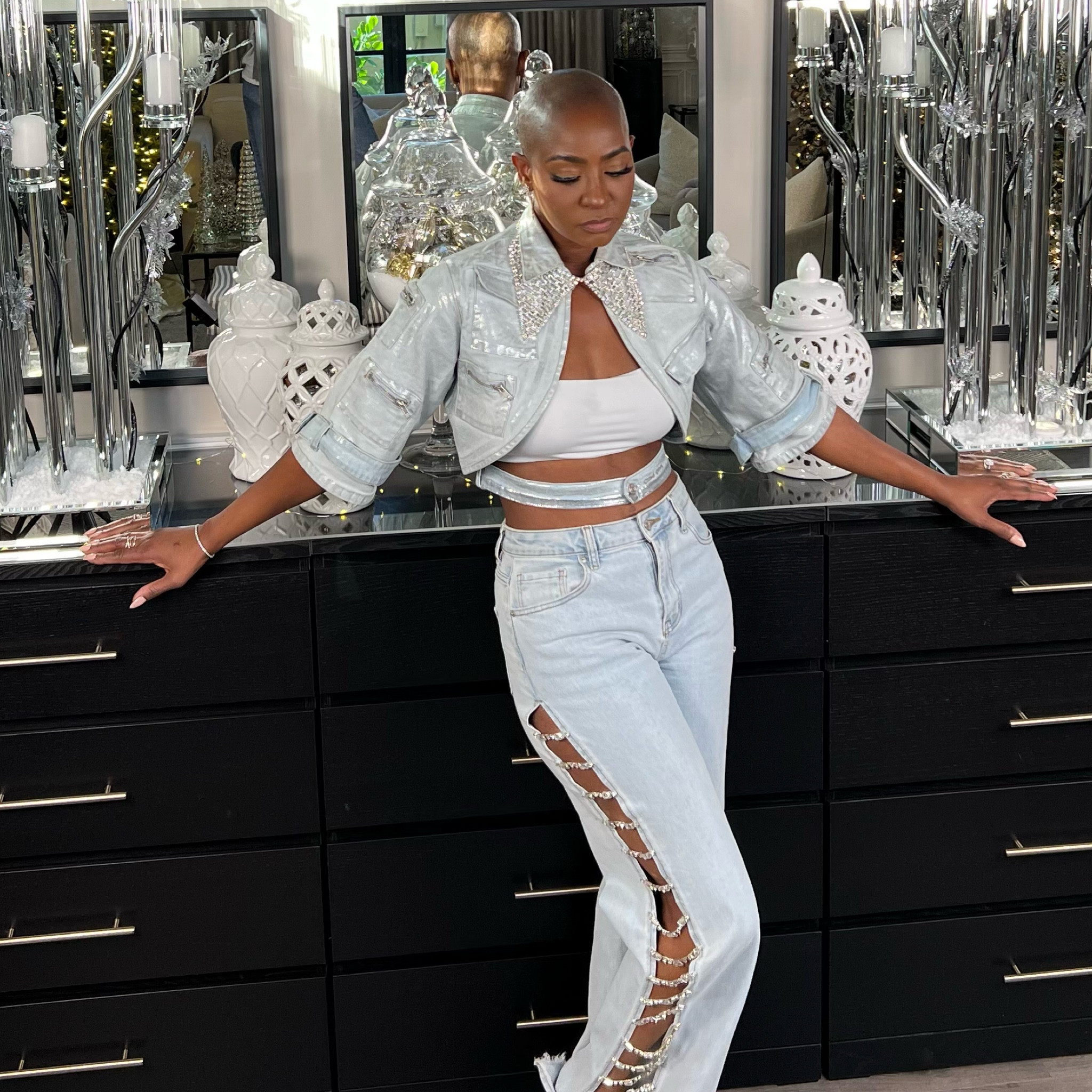 Light metallic denim and some bling for the holidays! 

#LTKStyleTip #LTKParties #LTKHoliday