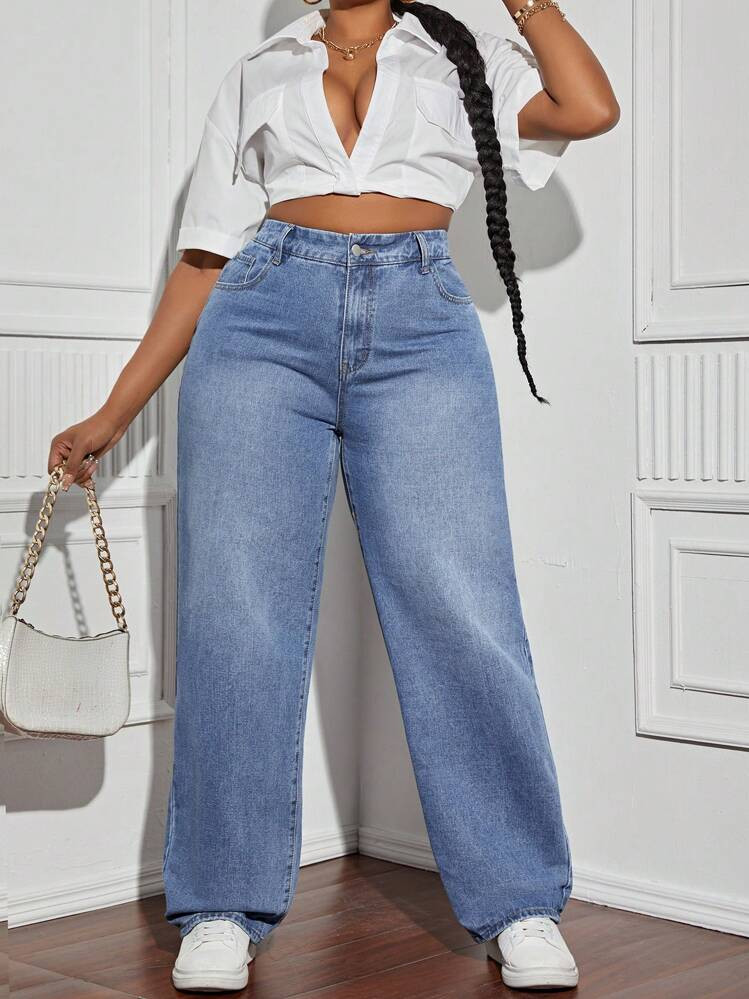 SHEIN SXY Plus Size High Waist Washed Denim Jeans | SHEIN