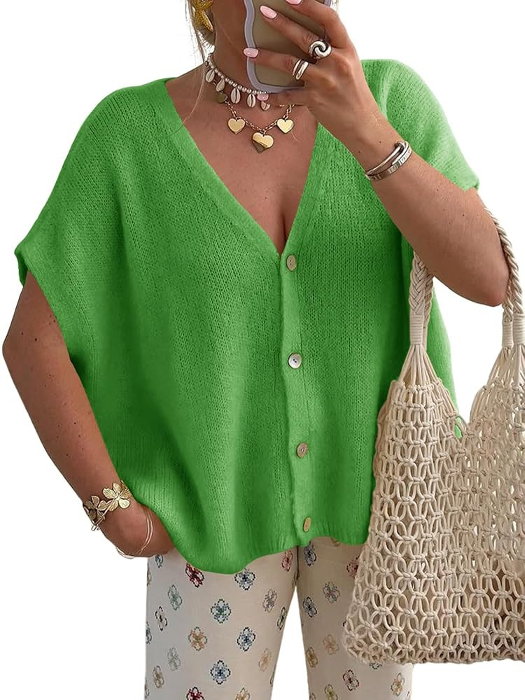 Saodimallsu Womens Summer Oversized Cardigans Batwing Short Sleeve Lightweight Button V Neck Casu... | Amazon (US)