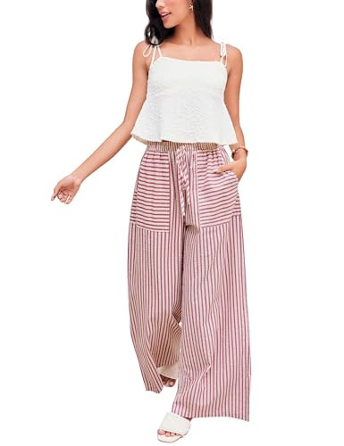 Yeokou Women's Wide Leg Pants Drawstring Striped Cotton Mid Rise Casual Long Palazzo Trousers with Pockets(Red-L) | Amazon (US)