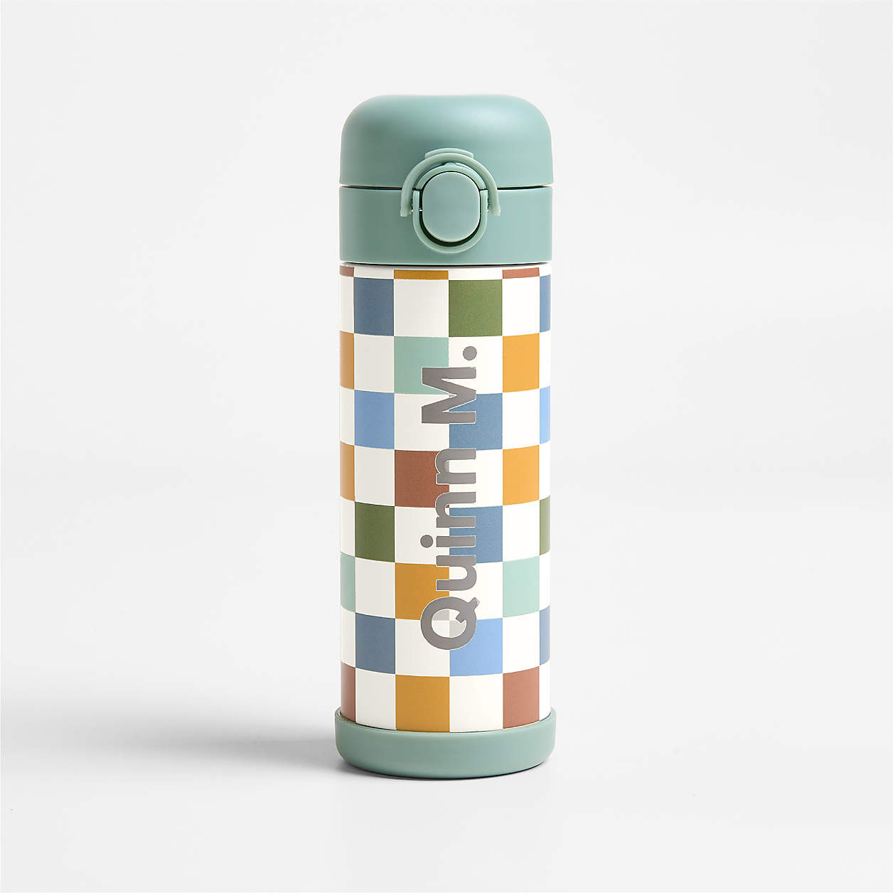 Green and Yellow Checkerboard Insulated Stainless Steel Kids Water Bottle with Straw and Leak-Pro... | Crate & Barrel