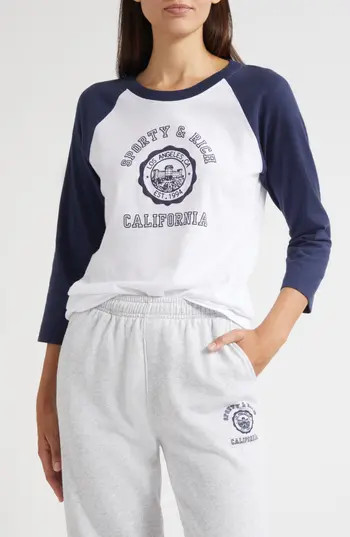 Sporty & Rich California Emblem Graphic Baseball T-Shirt in White/Dark Navy at Nordstrom Rack, Size X-Small | Nordstrom Rack