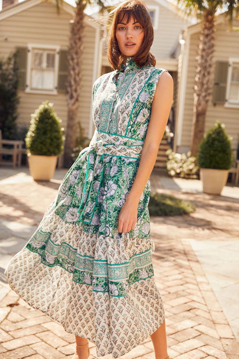 Sleeveless Paloma Flounce Dress | Green Garden | SUE SARTOR