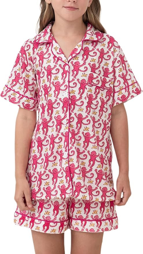 Girls Summer Outfit,Kids 2 Piece Button Down Monkey Loungewear Beach Shorts Set Preppy Animals Lo... | Amazon (US)