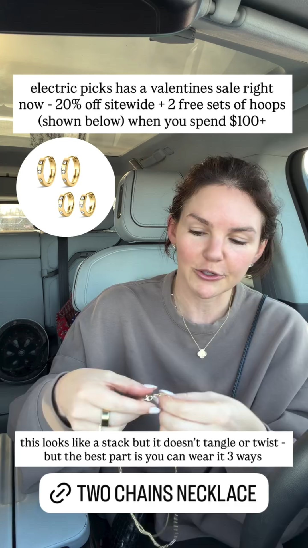 electric picks has a valentines sale right now - 20% off sitewide + 2 free sets of hoops (shown below) when you spend $100+

this looks like a stack but it doesn't tangle or twist - but the best part is you can wear it 3 ways

#LTKValentine #LTKSaleAlert #LTKootd
