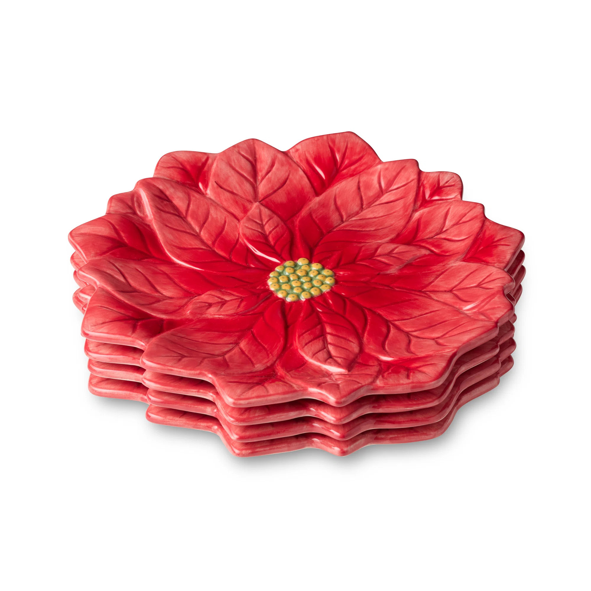 Winter Blooms Poinsettia Dessert Plates – Set of 4 3D Holiday Ceramic Floral Plates, Red Christ... | Wayfair North America