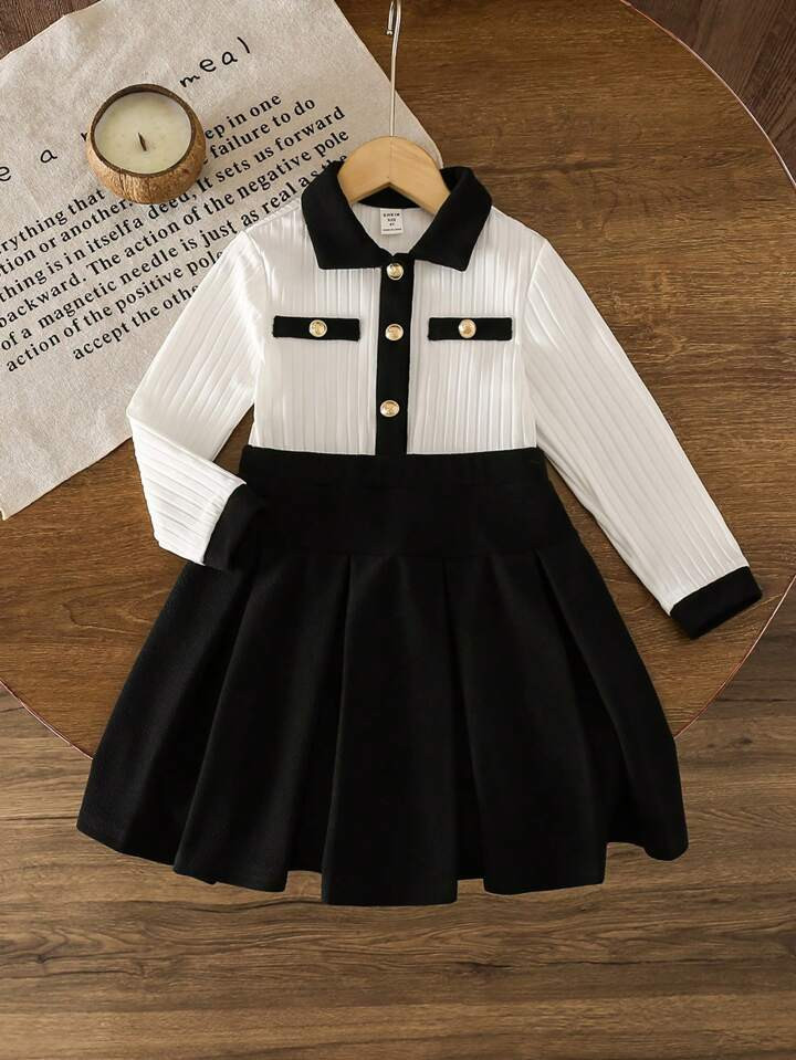 SHEIN Young Girl Color-Blocking Collared Fitted Casual Knit Dress | SHEIN