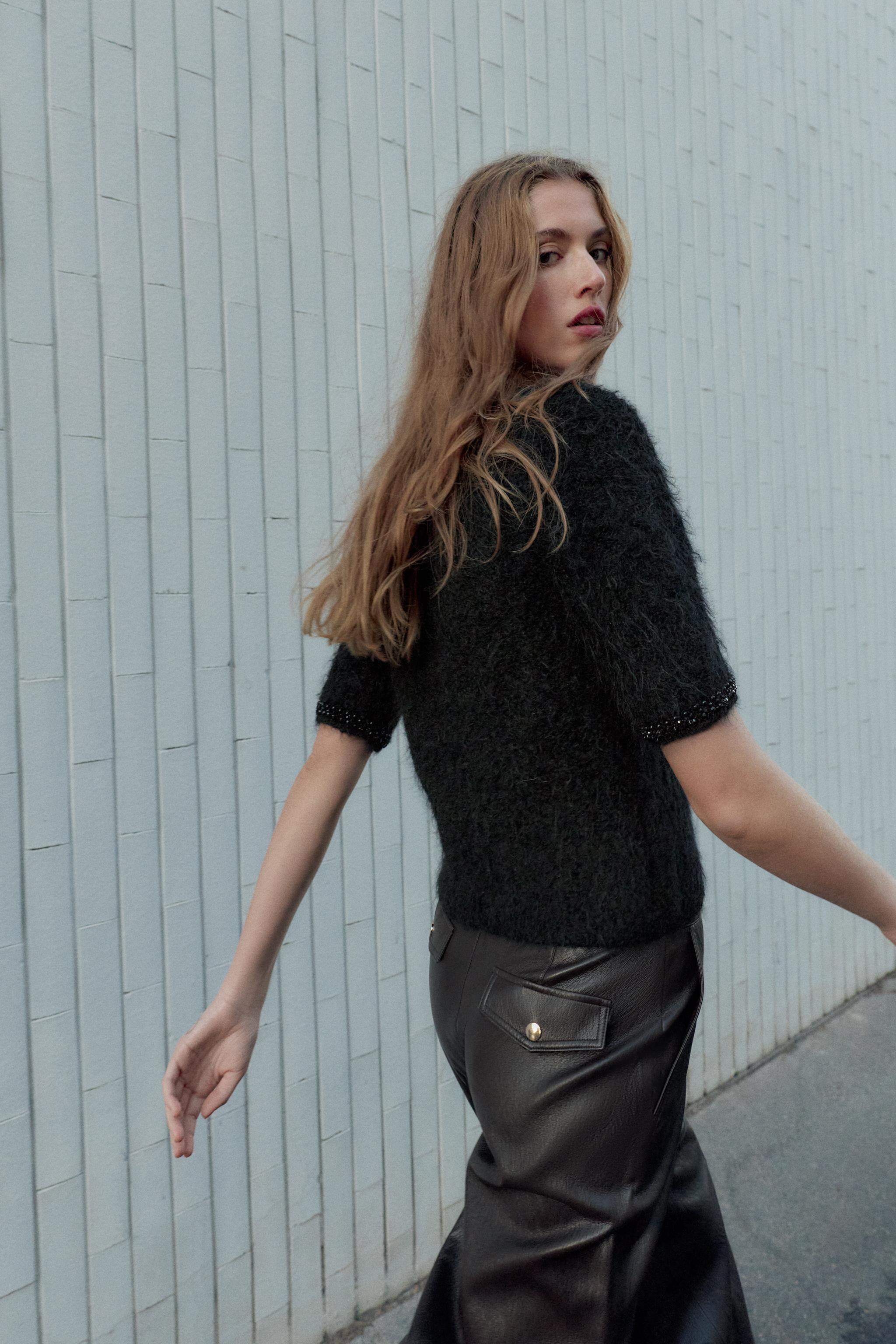 SHORT SLEEVE KNIT BEADED JEWEL SWEATER | Zara US